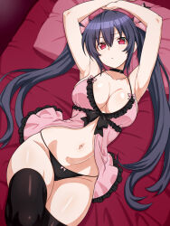 1girl armpits arms_up babydoll black_choker black_hair black_panties black_thighhighs blush bow breasts choker choujigen_game_neptune english_text hair_bow hair_ornament highres large_breasts long_hair looking_at_viewer navel neptune_(series) noire_(neptunia) on_bed paid_reward_available panties pink_babydoll red_eyes see-through_babydoll see-through_clothes solo thighhighs twintails underwear zatsu
