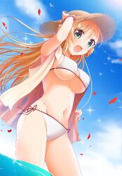 1girl adjusting_clothes adjusting_headwear araragi_ayune bikini bikini_day blonde_hair blue_sky breasts brown_hat brown_jacket commentary_request cowboy_shot green_eyes hat isshiki-san_wa_koi_wo_shiritai. jacket large_breasts long_hair navel open_mouth red_trim rinna_milford side-tie_bikini_bottom sky sleeveless sleeveless_jacket smile solo string_bikini sun_hat swimsuit wading water white_bikini