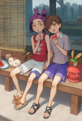 2boys black_hair blue_shorts blush brown_eyes brown_hair closed_eyes collared_shirt cup cushion dipplin florian_(pokemon) food fruit grey_shirt highres holding holding_hands kieran_(pokemon) male_focus meno_oku mole mole_on_neck multiple_boys nintendo open_mouth plate pokemon pokemon_(creature) pokemon_sv purple_hair sandals school_uniform shirt shorts sitting sweat table tank_top tatami tupet uva_academy_school_uniform watermelon watermelon_slice white_shorts yaoi yellow_eyes