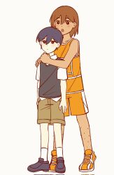 Rule 34 | 2boys, bailan1130, black eyes, black hair, black shoes, black sweater vest, bright pupils, brown hair, brown shorts, closed mouth, collarbone, collared shirt, corrupted twitter file, dark-skinned male, dark skin, full body, highres, hug, hug from behind, kel (faraway) (omori), kel (omori), loafers, male focus, multiple boys, omori, open mouth, orange shoes, orange shorts, shirt, shoes, short hair, short sleeves, shorts, simple background, sneakers, socks, sunny (omori), sweater vest, teeth, upper teeth only, white background, white pupils, white shirt, white socks