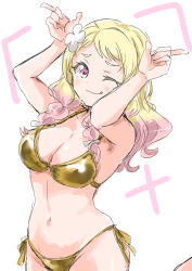 1girl ;3 ;q alternate_costume arms_up bikini blonde_hair blush braid breasts cleavage colored_tips commentary cowboy_shot gold_bikini golden_week golden_week_bikini horns_pose large_breasts leg_up looking_at_viewer love_live! love_live!_superstar!! low_twin_braids multicolored_hair navel one_eye_closed onitsuka_natsumi pink_eyes pink_hair side-tie_bikini_bottom solo stomach string_bikini swimsuit tongue tongue_out twin_braids two-tone_hair unya