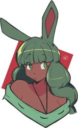 Rule 34 | 1girl, animal ears, blunt bangs, breasts, cleavage, closed mouth, commentary, cropped torso, dark-skinned female, dark skin, druid rabbit, english commentary, green eyes, green hair, highres, long hair, looking afar, looking to the side, medium breasts, off shoulder, rabbit and steel, rabbit ears, rabbit girl, red background, signature, simple background, solo, the t, two-tone background, upper body, white background