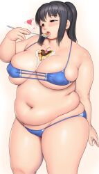Rule 34 | 1girl, between breasts, bikini, black hair, blue bikini, blush, breasts, brown eyes, cleavage, eating, fat, fat woman, food between breasts, heart, holding, holding spoon, itou yukino, large breasts, lips, medium hair, navel, open mouth, orizen, plump, ponytail, real drive, sidelocks, solo, spoon, standing, swimsuit, thick arms, thick thighs, thighs, white background
