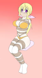 10s 1girl absurdres arms_behind_back ass bare_shoulders bdsm blonde_hair blush bondage bound bound_ankles bound_arms bound_calves bound_legs bound_thighs bow bra breast_bondage breasts charlotte_dunois crotch_rope female_focus gag gagged gradient_background hair_ribbon highres improvised_gag infinite_stratos jam-orbital large_breasts legs_together long_hair looking_at_viewer navel orange_bra orange_panties panties pink_ribbon ponytail purple_eyes red_background ribbon rope shibari simple_background sitting socks solo tape tape_gag thighhighs underwear underwear_only white_socks