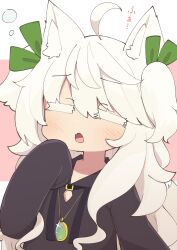 1girl :o ahoge animal_ear_fluff animal_ears black_hoodie blush closed_eyes colored_eyelashes commentary_request drawstring fang glint green_ribbon hair_ribbon hand_up highres hood hood_down hoodie jewelry long_hair long_sleeves open_mouth original pendant pink_background ribbon saisoku_no_yukkuri sleeves_past_fingers sleeves_past_wrists solo translation_request two-tone_background two_side_up very_long_hair white_background white_hair