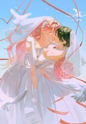 0820_lakia 2girls absurdres bird blue_sky blush bouquet bridal_veil cloud commentary_request dress elbow_gloves flower gloves green_hair grin hair_bun hairband hand_on_another&#039;s_waist highres holding holding_bouquet jewelry korean_commentary long_hair looking_at_another multiple_girls original pink_flower pink_hair ring sky smile veil wedding_dress wedding_ring white_bird white_dress white_gloves white_hairband wife_and_wife yuri