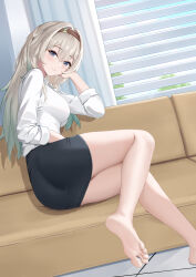 1girl absurdres aqua_hair barefoot black_skirt blonde_hair blue_eyes breasts casual closed_mouth couch feet firefly_(honkai:_star_rail) foot_focus gradient_hair highres honkai:_star_rail honkai_(series) large_breasts legs looking_at_viewer multicolored_hair on_couch shirobako_srbk shirt sitting skirt smile solo toes two-tone_hair white_shirt