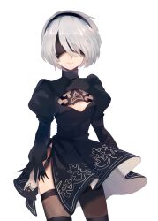 Rule 34 | 1girl, 2b (nier:automata), arms at sides, black hairband, black mask, breasts, brown thighhighs, cleavage cutout, closed mouth, clothing cutout, commentary request, cowboy shot, dress, eye mask, facing viewer, hairband, highres, juliet sleeves, lips, long sleeves, mole, mole under mouth, momiji shiori, nier:automata, nier (series), puffy sleeves, short dress, short hair, side slit, simple background, small breasts, solo, thighhighs, transparent background, turtleneck, turtleneck dress, two-sided dress, two-sided fabric, white hair
