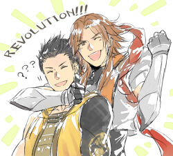 2boys :d ? ?? ^_^ arm_around_neck black_hair brown_hair clenched_hand closed_eyes hand_up jacket long_hair looking_at_viewer male_focus multiple_boys one_eye_closed open_mouth sakai_tadatsugu_(sengoku_basara) sengoku_basara short_hair sketch sleeveless sleeveless_jacket smile thumbs_up tokugawa_ieyasu_(sengoku_basara) toruglose upper_body yellow_jacket