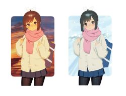 1girl alternate_costume bag black_pantyhose blue_skirt blush breasts brown_eyes brown_hair cardigan commentary_request cowboy_shot cropped_legs i-401_(kancolle) kantai_collection medium_breasts multiple_views pantyhose pink_scarf pleated_skirt ponytail sakiecho scarf school_bag sidelocks skirt smile snow strap sunset swept_bangs white_background winter winter_clothes yellow_cardigan