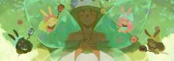 Rule 34 | 5girls, alternate color, animal ears, araiyme, black hair, blonde hair, blue eyes, blush, brown eyes, butterfly wings, chibi, closed eyes, commentary, dark-skinned female, dark skin, dress, druid rabbit, ears through headwear, english commentary, green hair, headscarf, highres, holding, holding staff, insect wings, long hair, long sleeves, multiple girls, open mouth, own hands together, pink dress, pink eyes, pink hair, pink headscarf, rabbit and steel, rabbit ears, rabbit girl, staff, strapless, strapless dress, upper body, white dress, white headscarf, wide sleeves, wings