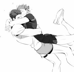 2boys blush chinese_commentary closed_eyes commentary_request fandangyu feet_out_of_frame greyscale grin haikyuu!! highres hug male_focus monochrome multiple_boys mutual_hug oikawa_tooru_(haikyuu!!) shirt shoes short_sideburns short_sleeves shorts simple_background smile sportswear t-shirt teeth ushijima_wakatoshi volleyball_uniform white_background yaoi