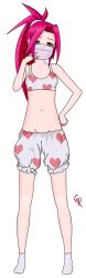 Rule 34 | 1girl, armpits, bloomers, blush, bra, breasts, capcom, cleft of venus, clenched hand, collarbone, delinquent, embarrassed, eyelashes, female focus, full body, gloomy dreamer, grey eyes, hand on own hip, hand up, heart, heart print, highres, himezaki aoi, justice gakuen, legs, long hair, long image, looking at viewer, mask, medium breasts, midriff, moero! justice gakuen, mouth mask, navel, neck, parted bangs, ponytail, print bloomers, print bra, red hair, shiritsu justice gakuen, sidelocks, signature, simple background, socks, spiked hair, standing, surgical mask, tall image, thighs, underwear, underwear only, unworn clothes, unworn footwear, very long hair, white background, white bloomers, white bra, wide ponytail