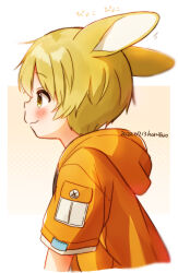 1boy animal_ears artist_name blonde_hair blush closed_mouth commentary_request cropped_torso dated far_tarooo from_side highres hood hood_down hoodie male_focus noru_(far_tarooo) orange_hoodie original parted_bangs profile rabbit_boy rabbit_ears short_hair shoulder_pouch solo yellow_eyes