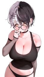 1girl absurdres alternate_costume alternate_hair_length alternate_hairstyle averting_eyes barbell_piercing black_choker black_hair black_nails black_panties black_tank_top blush breasts choker cleavage closed_mouth commentary detached_sleeves ear_piercing earrings english_commentary glasses grey_hair hair_ornament hand_up highres hololive hololive_english industrial_piercing jewelry lace-trimmed_choker lace_trim large_breasts looking_down messy_hair midriff multicolored_hair nail_polish no_pants panties piercing prab round_eyewear shiori_novella short_hair simple_background solo split-color_hair tank_top two-tone_hair underwear virtual_youtuber white_background yellow_eyes