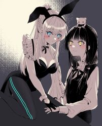 2girls animal animal_ears animal_on_head asakura_karen_(heaven_burns_red) black_hair black_leotard blonde_hair braid detached_collar fake_animal_ears fake_tail fishnet_pantyhose fishnets green_eyes half_up_braid heaven_burns_red highleg highleg_leotard highres leotard long_hair multiple_girls on_head pantyhose partially_colored playboy_bunny rabbit_ears rabbit_tail strapless strapless_leotard tail thanasys toujou_tsukasa twintails vest wrist_cuffs yuri