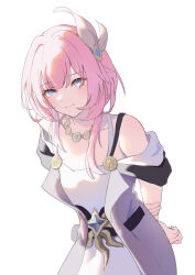 Rule 34 | 1girl, absurdres, asea (ehpx4454), bare shoulders, blue eyes, commentary, cyrene (honkai: star rail), dress, grey dress, hair ornament, highres, honkai: star rail, honkai (series), jewelry, leaning forward, looking at viewer, necklace, off-shoulder dress, off shoulder, pink hair, simple background, smile, solo, upper body, white background, white dress