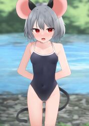 1girl absurdres animal_ears arms_behind_back blurry blurry_background blush breasts commentary_request covered_navel cowboy_shot dakuazu day grey_hair highres looking_at_viewer mouse_ears mouse_girl mouse_tail nazrin one-piece_swimsuit open_mouth outdoors paid_reward_available pond red_eyes short_hair small_breasts solo standing swimsuit tail touhou v-shaped_eyebrows wet wet_hair