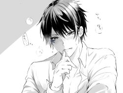 Rule 34 | 1boy, bare pectorals, blush, breath, collarbone, collared shirt, deuce spade, facial mark, finger to mouth, greyscale, licking lips, long sleeves, male focus, mofu twst, monochrome, nervous sweating, open clothes, open shirt, pectorals, shirt, short hair, solo, spade (shape), speech bubble, spot color, sweat, thought bubble, tongue, tongue out, translation request, twisted wonderland, upper body, wing collar