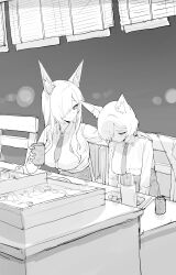 2girls absurdres animal_ear_fluff animal_ears blue_archive chair chopsticks collared_shirt cup dog_ears frown hair_over_one_eye hand_on_another&#039;s_shoulder head_down highres holding holding_cup jacket kanna_(blue_archive) kanna_(young)_(blue_archive) long_hair long_sleeves looking_at_another multiple_girls necktie parack plate shirt shirt_tucked_in short_hair sitting skirt smile time_paradox unworn_jacket yunomi