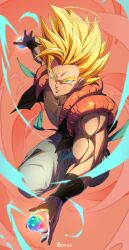 Rule 34 | 1boy, 5002 bus, absurdres, aura, black vest, blonde hair, blue sash, cropped vest, dragon ball, dragonball z, gogeta, green eyes, halo, highres, looking at viewer, male focus, medium hair, metamoran vest, muscular, muscular male, no shirt, open clothes, open vest, orange background, pants, sash, simple background, solo, spiked hair, super saiyan, super saiyan 1, vest, white pants