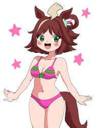 Rule 34 | 1girl, ahoge, alternate costume, animal ears, bikini, blush, breasts, brown hair, cleavage, commentary request, green eyes, hair ornament, highres, horse ears, horse girl, horse tail, looking at viewer, medium breasts, rhein kraft (umamusume), sodeshita marshmallow, solo, star (symbol), swimsuit, tail, umamusume, white background