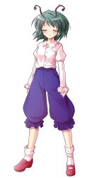Rule 34 | 1girl, alphes (style), antennae, blue shorts, blush, buttons, closed eyes, closed mouth, collared shirt, commentary request, dairi, frilled sleeves, frills, full body, green hair, highres, large variant set, loafers, long sleeves, no cape, parody, red shoes, shirt, shirt tucked in, shoes, short hair, shorts, smile, socks, solo, standing, style parody, tachi-e, touhou, transparent background, variant set, white socks, wriggle nightbug