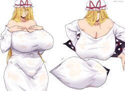 1girl absurdres artist_name ass bare_shoulders blonde_hair breasts cleavage cosplay dress gap_(touhou) hat highres huge_ass huge_breasts long_hair mob_cap omikami see-through_clothes signature stuck touhou white_background white_dress yakumo_yukari yamamura_sadako yamamura_sadako_(cosplay) yellow_eyes