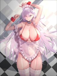 1girl absurdres apron argyle_background armpits arms_up azur_lane belfast_(azur_lane) belfast_(blissful_service)_(azur_lane) bikini blue_eyes blush braid breasts cleavage collar collarbone commentary_request commission covered_navel frills garter_straps gluteal_fold hair_between_eyes highres huge_breasts lom_(lom_lom_8) long_hair looking_at_viewer maid_headdress nail_polish off_shoulder official_alternate_costume panties parted_lips purple_eyes red_bikini red_wrist_cuffs skeb_commission smile solo sweat swimsuit thigh_gap thighhighs thighs underwear very_long_hair white_apron white_garter_straps white_hair white_headdress white_panties white_thighhighs wrist_cuffs