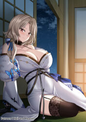 1girl belt black_belt black_choker black_garter_straps black_gloves black_thighhighs blue_ribbon breasts butterfly_ornament choker closed_mouth cloud frilled_choker frills garter_straps gloves goddess_of_victory:_nikke hellandheaven highres japanese_clothes kimono large_breasts ludmilla_(nikke) ludmilla_(winter_owner)_(nikke) night night_sky red_eyes ribbon shadow shouji sky sliding_doors smile solo tatami thighhighs white_kimono