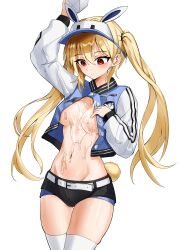 1girl absurdres animal_ears arm_up artist_request baseball_club_mob_(draco) belt black_shorts blonde_hair blue_jacket box breasts buttons commentary_request commission cowboy_shot cropped_jacket exposed_pocket fake_animal_ears highres holding holding_box jacket korean_commentary long_hair long_sleeves looking_down medium_breasts micro_shorts milk navel no_bra open_clothes open_jacket original rabbit_ears rabbit_tail red_eyes second-party_source shorts simple_background skindentation solo stomach tail thighhighs thighs twintails very_long_hair visor_cap wet white_background white_sleeves white_thighhighs