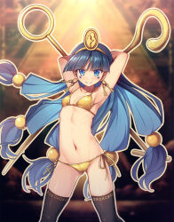 1girl ai-generated_background arms_behind_head arms_up bikini black_thighhighs blue_eyes blue_hair blunt_bangs breasts chima_q closed_mouth cowboy_shot earrings facial_mark facial_tattoo flat_chest gold gold_bikini gold_buckle hair_bobbles hair_ornament headpiece highres holding holding_scepter jewelry key key_earrings light_blush long_hair looking_at_viewer low-tied_long_hair michigami_nareko no_nose outline pocket pyramid_(structure) scepter skindentation small_breasts smile solo sphere_hair_ornament standing swimsuit tattoo thighhighs touhou triangle triangle_facial_mark