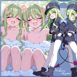 2girls armband bathing black_hat black_jacket black_shoes black_shorts black_skirt black_tail blue_archive blue_armband closed_eyes commentary_request convenient_censoring demon_girl demon_tail earrings fang green_hair green_halo halo hat highres hikari_(blue_archive) jacket jewelry long_hair miniskirt multiple_girls multiple_views musical_note nozomi_(blue_archive) open_mouth pantyhose pantyhose_under_shorts peaked_cap pleated_skirt pointy_ears same-sex_bathing shared_bathing shoes short_shorts shorts siblings sisters skirt soap_bubbles soap_censor tail tokinin4 twins twintails v-shaped_eyebrows white_pantyhose
