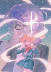 2girls adjusting_eyewear bell blonde_hair blue_background blue_jacket blue_skirt bow bowtie cellphone commentary covered_mouth daiba_nana film_strip glasses gradient_background green_eyes green_jacket green_ribbon hair_bell hair_ornament hair_over_shoulder hand_up hands_up highres holding holding_phone hoshimi_junna jacket long_hair long_sleeves looking_at_viewer miniskirt multiple_girls one_eye_covered open_clothes open_jacket orange_background parted_lips phone pink_shirt pleated_skirt projected_inset purple_hair rainy_rain1016 red_bow red_bowtie ribbon school_uniform seishou_music_academy_uniform shirt short_hair short_twintails shoujo_kageki_revue_starlight skirt smartphone sparkle twintails