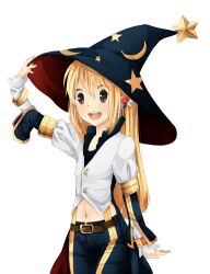 Rule 34 | 1girl, adapted costume, adjusting clothes, adjusting headwear, belt, black eyes, black hat, black pants, blonde hair, blush, brown belt, buttons, commentary request, cowboy shot, hat, hat ornament, long hair, long sleeves, meiko (nattu303), midriff, navel, open mouth, pants, ragnarok online, shirt, simple background, smile, solo, star (symbol), star hat ornament, star print, suspenders, warlock (ragnarok online), white background, white shirt, witch hat