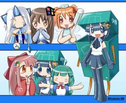 Rule 34 | 2000s (style), 2003 server, 6+girls, 95-tan, 98-tan, ahoge, blue hair, blush, boots, bow, braid, brown eyes, brown hair, ce-tan, closed eyes, commentary, dress, english commentary, fairy, gloves, green hair, grey hair, hair bow, holding, horns, japanese clothes, kimono, long hair, longhorn-tan, low twin braids, maguro-chan, maid, me-tan, microsoft windows, multiple girls, number hair ornament, orange hair, os-tan, personification, pink kimono, pocket watch, red bow, red kimono, shirt, short hair, short twintails, single horn, skirt, twin braids, twintails, watch, white dress, white shirt, windows classic