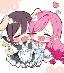 2girls animal_ears apron black_dress blue_shoes blush breasts brown_hair brown_shoes bun_with_braided_base chibi chibi_only cleavage closed_eyes dog_ears dog_tail dress flower flower_necklace frilled_apron frilled_thigh_strap frills hair_between_eyes hanazono_hahari hands_on_own_face heart heart_in_mouth jewelry juliet_sleeves kimi_no_koto_ga_dai_dai_dai_dai_daisuki_na_100-nin_no_kanojo large_breasts leg_up long_dress long_hair long_sleeves maid maid_apron meido_mei mole mole_under_eye multiple_girls necklace necklace_between_breasts nose_blush open_mouth parted_bangs pink_hair puffy_sleeves pugu_ko ringlets shoes side_slit single_hair_intake smile sparkle standing tail tail_wagging thigh_strap very_long_hair wavy_mouth white_background yuri