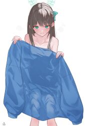 Rule 34 | 1girl, absurdres, airi (band) (blue archive), airi (blue archive), bare legs, bare shoulders, blue archive, blue jacket, blush, brown hair, clothes in front, collarbone, commentary request, feet out of frame, halo, highres, holding, holding jacket, holding unworn clothes, jacket, long hair, looking at viewer, signature, simple background, smile, solo, tachibana shiori (suica 112), unworn jacket, white background