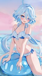 Rule 34 | 1girl, alternate costume, bikini, blue bikini, blue eyes, blue hair, blush, breasts, cowlick, drop-shaped pupils, eyelash ornament, frilled bikini, frills, furina (genshin impact), genshin impact, hair between eyes, halterneck, heterochromia, highres, long hair, looking at viewer, mismatched pupils, navel, open mouth, rrr gns (riuriu 1212), sitting, slime (genshin impact), small breasts, solo, stomach, swimsuit, symbol-shaped pupils, wavy hair, wet