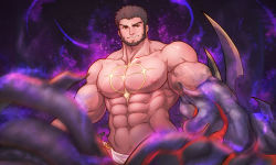 1boy abs avenger_(dungeon_and_fighter) bara beard brown_hair chest_tattoo dungeon_and_fighter facial_hair highres kulolin large_pectorals loincloth male_focus male_priest_(dungeon_and_fighter) mature_male monster_boy monsterification muscular muscular_male navel nipples octopus_boy paid_reward_available pectorals priest_(dungeon_and_fighter) red_eyes short_hair solo stomach tattoo tentacle_hands tentacles topless_male veins
