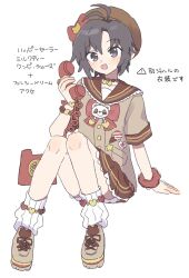 1girl antenna_hair antique_phone black_eyes black_hair blush bow bracelet brown_hat brown_sailor_collar brown_shirt brown_skirt full_body hat hat_bow highres holding holding_phone idolmaster idolmaster_(classic) jewelry kikuchi_makoto looking_at_viewer necklace open_mouth phone pnt_0202 red_bow rotary_phone sailor_collar shirt shoes short_hair short_sleeves simple_background sitting skirt smile socks solo translation_request white_background