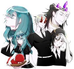 1boy 3others black_hair black_necktie blue_eyes blue_hair character_request dagon_(jujutsu_kaisen) getou_suguru getou_suguru_(kenjaku) hanami_(jujutsu_kaisen) heterochromia houseki_no_kuni jewelry jujutsu_kaisen long_hair mahito_(jujutsu_kaisen) male_focus multiple_others neck_ring necktie nonockha phosphophyllite simple_background stitched_arm stitched_face stitched_neck stitches white_background yellow_eyes