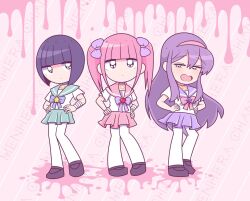 3girls black_eyes black_footwear blunt_bangs bob_cut bow chibi closed_mouth copyright_name crystal expressionless ezaki_bisuko green_skirt hair_between_eyes hair_bow hairband hands_on_own_hips heart hexagram long_hair looking_at_viewer menhera-chan_(ezaki_bisuko) menhera-chan_(ezaki_bisuko)_(character) multiple_girls open_mouth pink_bow pink_hair pink_hairband pink_sailor_collar pink_skirt pleated_skirt purple_bow purple_eyes purple_hair purple_sailor_collar sabukaru-chan_(ezaki_bisuko) sailor_collar school_uniform serafuku short_hair short_twintails sidelocks skirt smug stain star_(symbol) star_of_david thighhighs twintails white_serafuku white_thighhighs yami_kawaii yumekawa-chan_(ezaki_bisuko)