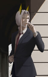Rule 34 | 1boy, absurdres, arknights, beard, black jacket, blazer, buttoned cuffs, buttons, chinese commentary, cigarette, collared shirt, commentary request, cowboy shot, facial hair, hair between eyes, hair intakes, head wings, hellagur (arknights), highres, jacket, lapels, long sleeves, looking back, male focus, mustache, necktie, partial commentary, red necktie, ressec, shirt, short hair, smoke, smoking, solo, standing, turning head, watch, white hair, white shirt, wings, wristwatch, yellow eyes