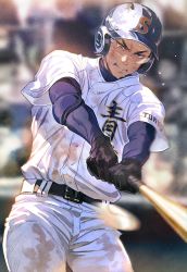 1boy ace_of_diamond ball baseball_(object) baseball_bat baseball_helmet baseball_jersey baseball_uniform belt black_belt black_gloves blue_shirt blurry blurry_background brown_eyes brown_hair closed_mouth day dirty dirty_clothes dirty_face gloves helmet highres holding holding_baseball_bat jersey male_focus miyuki_kazuya outdoors pants sato_(sato_1_11) shirt short_hair solo sportswear visor white_pants