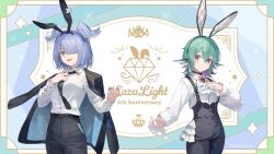 2girls adjusting_clothes adjusting_necktie animal_ears anniversary aqua_eyes aqua_hair aqua_nails artist_request ascot beckoning blue_hair blue_nails blush breasts colored_inner_hair commentary copyright_notice elira_pendora english_commentary fake_animal_ears fangs finana_ryugu fins formal_clothes frilled_pants frills hair_between_eyes hair_over_one_eye hand_on_own_chest head_fins head_wings highres jacket jacket_on_shoulders lazulight light_smile medium_breasts medium_hair multicolored_hair multiple_girls necktie nijisanji nijisanji_en official_art open_mouth pants purple_eyes rabbit_ears virtual_youtuber white_ascot wings wolf_cut