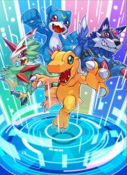 Rule 34 | agumon, claws, digimon, digimon (creature), green eyes, highres, loogamon, open mouth, pteromon, sharp teeth, teeth, v-mon