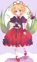 1girl blonde_hair blue_eyes blush breasts flower hair_ribbon highres holding holding_flower lily_of_the_valley medicine_melancholy medium_hair natsu-ky plain_doll puffy_short_sleeves puffy_sleeves purple_flower red_ribbon red_skirt ribbon short_sleeves skirt small_breasts su-san touhou wrist_cuffs