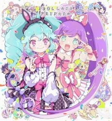 3boys 6+girls :d ahoge animal_ears bent_v black_hairband black_nails blonde_hair blue_eyes blue_hair blunt_bangs bow center_frills chuppe closed_mouth commentary_request confetti copyright_name cowboy_shot cropped_legs detached_collar detached_sleeves dorothy_west double_v dress drill_hair everyone fake_animal_ears frills green_eyes green_hair grey_hair hair_between_eyes hair_bow hairband highres hojo_sophy idol_clothes idol_land_pripara katasumi_amari koda_michiru kuma_(pripara) long_hair long_sleeves looking_at_viewer manaka_laala mario_(pripara) minami_mirei multicolored_dress multiple_boys multiple_girls nail_polish nanafushi_sodatsu nervous_smile nijiiro_nino one_eye_closed ooedo_shinya open_mouth pink_bow pink_eyes pink_hair pitsuji pleated_skirt pororo_(pripara) pretty_series pripara puffy_detached_sleeves puffy_sleeves punicorn purple_hair purple_skirt rabbit_ears reona_west short_hair skirt smile standing toudou_shion treble_clef twin_drills twintails usagi_(pripara) ushimitsu_(pripara) v v_over_eye very_long_hair yumekawa_yui
