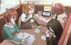 4girls agnes_tachyon_(umamusume) alternate_hairstyle black_hair black_shirt book bra_strap braid brown_hair cherry closed_eyes coffee collarbone cup dantsu_flame_(umamusume) diner drinking fang feeding food friedpikachu frilled_sleeves frills fruit half_up_braid half_updo highres holding holding_cup holding_spoon ice_cream indoors jungle_pocket_(umamusume) layered_sleeves long_sleeves manhattan_cafe_(umamusume) multicolored_hair multiple_girls notebook open_book open_mouth paper pen plate purple_shirt red_eyes shirt short_over_long_sleeves short_sleeves smile spoon sweater table umamusume white_hair white_shirt white_sweater window_blinds wooden_table